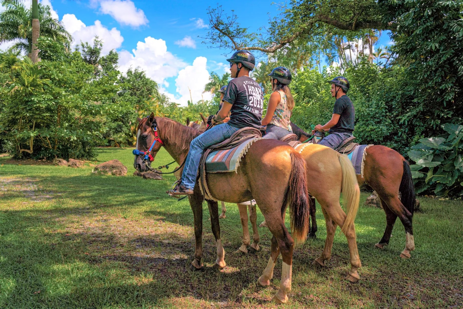 Tres personas a caballo en un paisaje verde y exuberante bajo un cielo azul con nubes.