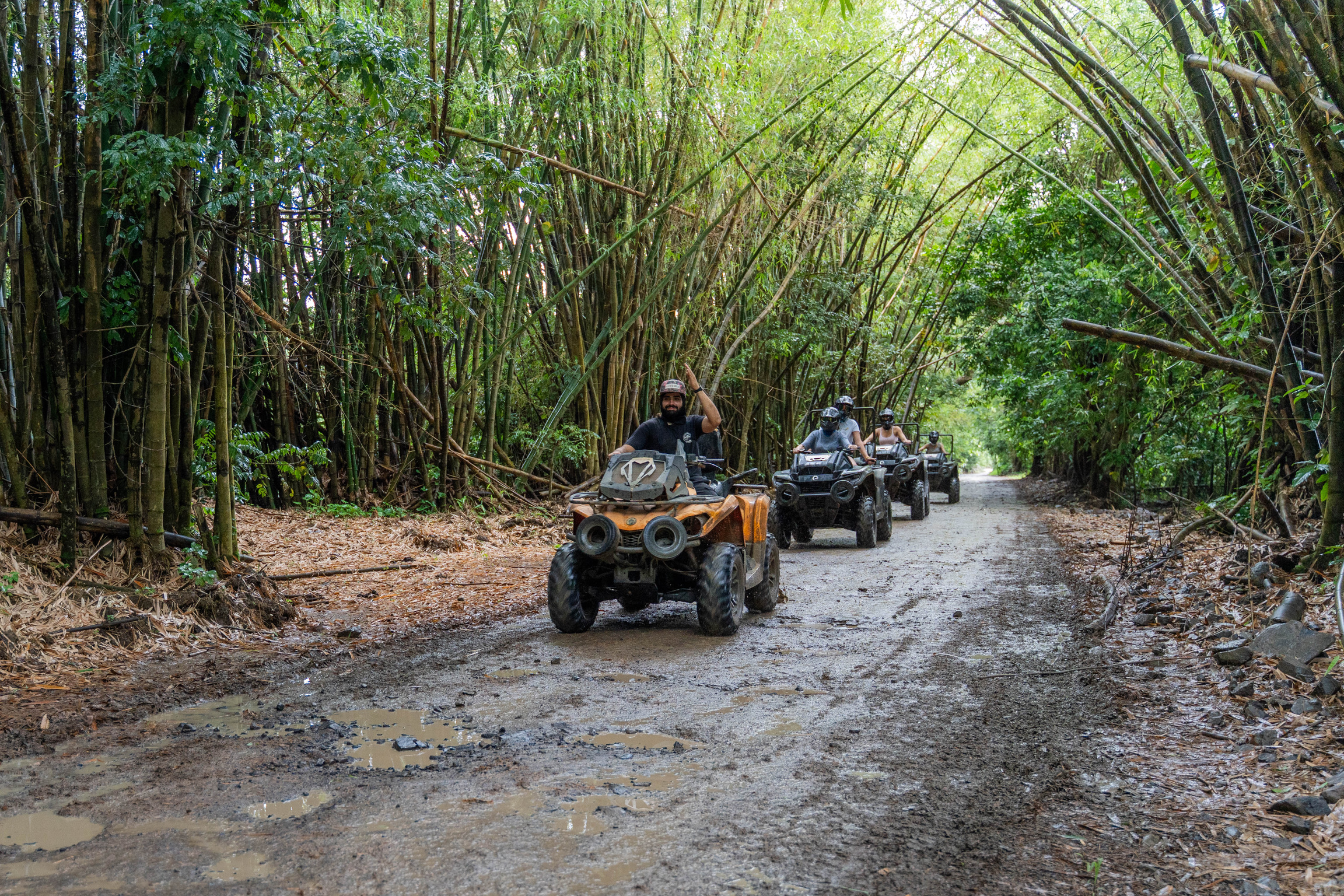 People riding ATVs on a muddy path surrounded by lush bamboo trees.