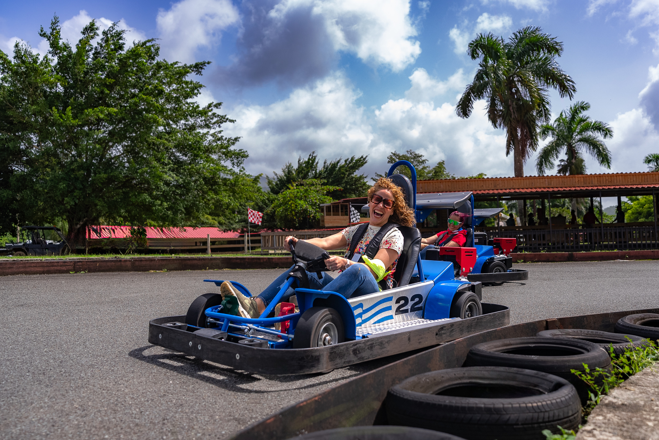 Person driving a blue go-kart with trees and a building in the background.