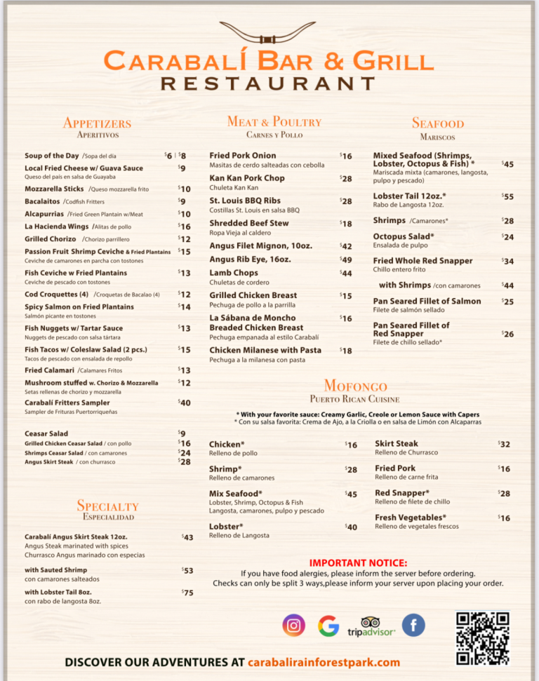 Menú de Carabalí Bar & Grill con aperitivos, carne, marisco, mofongo y especiales con precios.