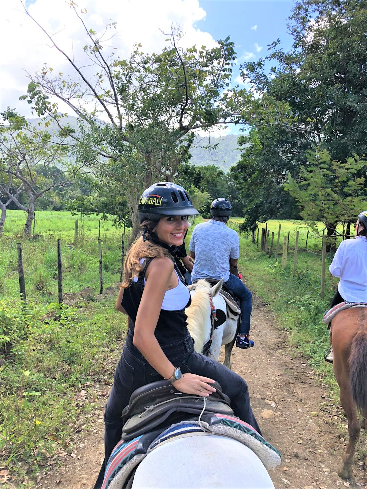 Person riding a horse on a trail in a green landscape, wearing a helmet.