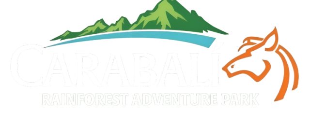 Carabali Rainforest Adventure Park Logo with green mountains, blue wave, and orange horse outline.
