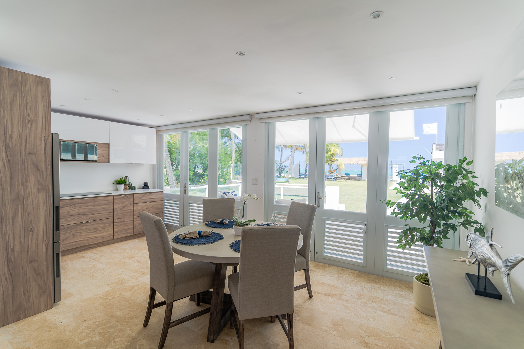 Modern dining room with round table, chairs, large windows, and potted plant.