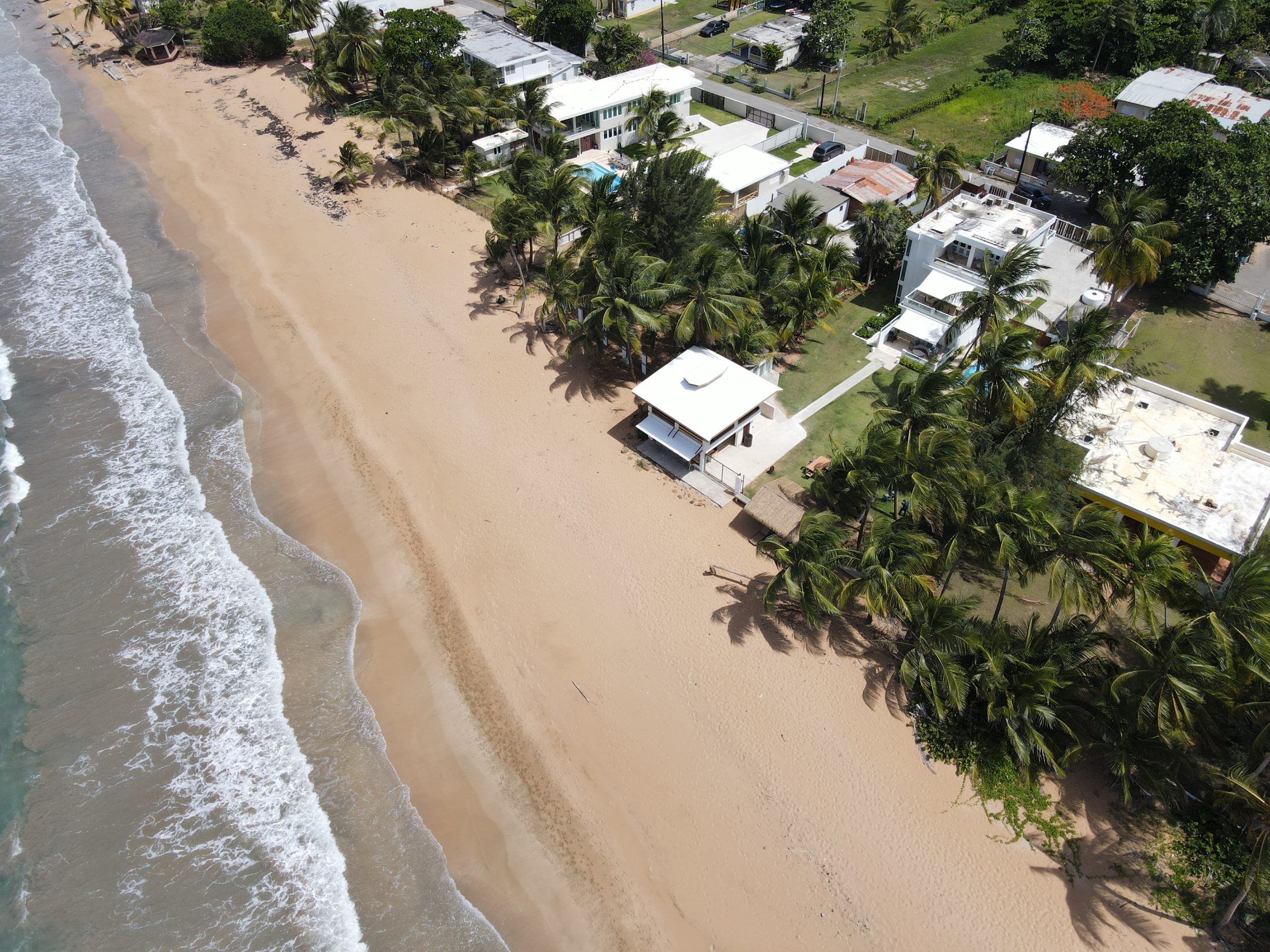 Aerial view of a beachfront with houses, palm trees, and waves.