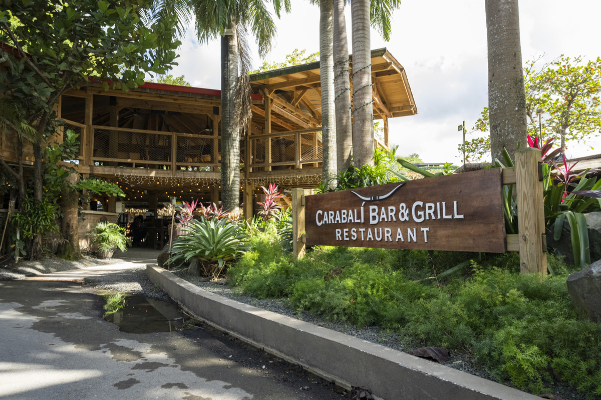 Entrance of Carabalí Bar & Grill surrounded by tropical plants.