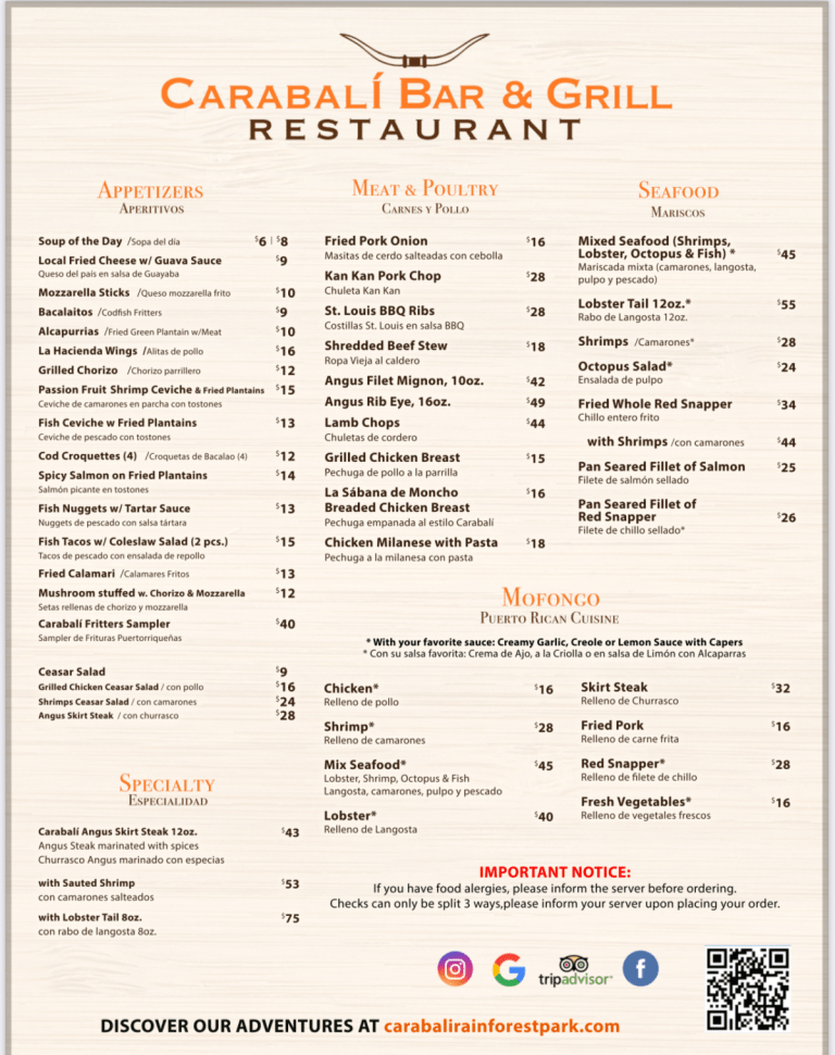 Menú de Carabalí Bar & Grill con aperitivos, carne, marisco, mofongo y especiales con precios.