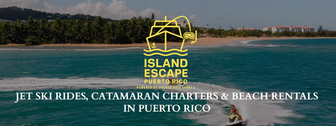 Logo and text overlay on coastline and ocean, promoting water excursions in Puerto Rico.