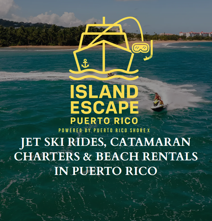 Ocean scene with jet skis and text: Island Escape Puerto Rico, Jet ski rides, charters & rentals.