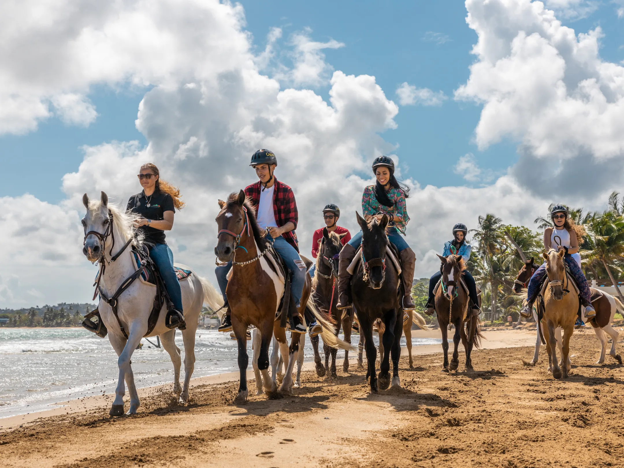 a group of people riding a horse on a beach