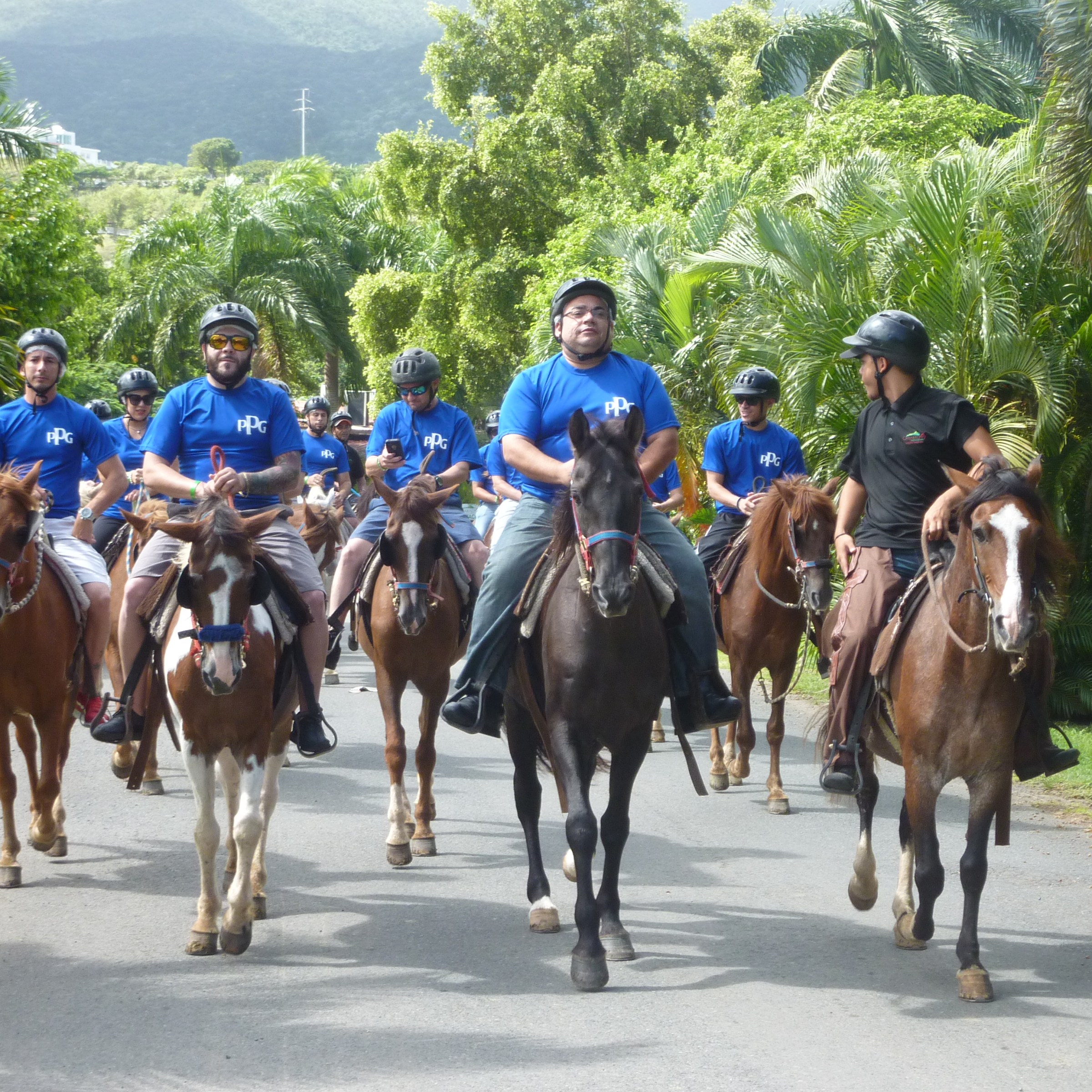 People riding horses on the street
