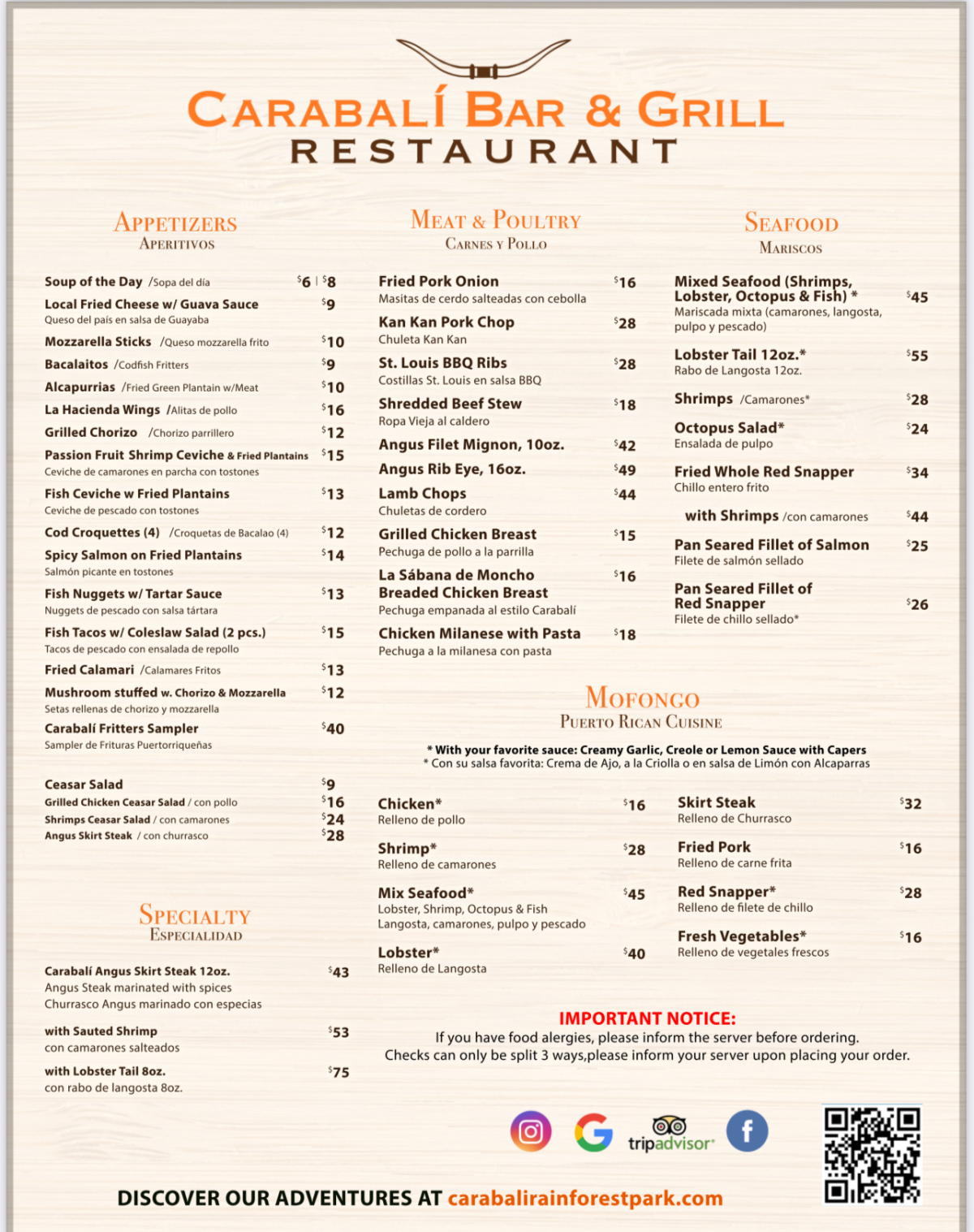 Carabalí Bar & Grill menu with sections for appetizers, meat, poultry, seafood, mofongo, and specialty dishes.