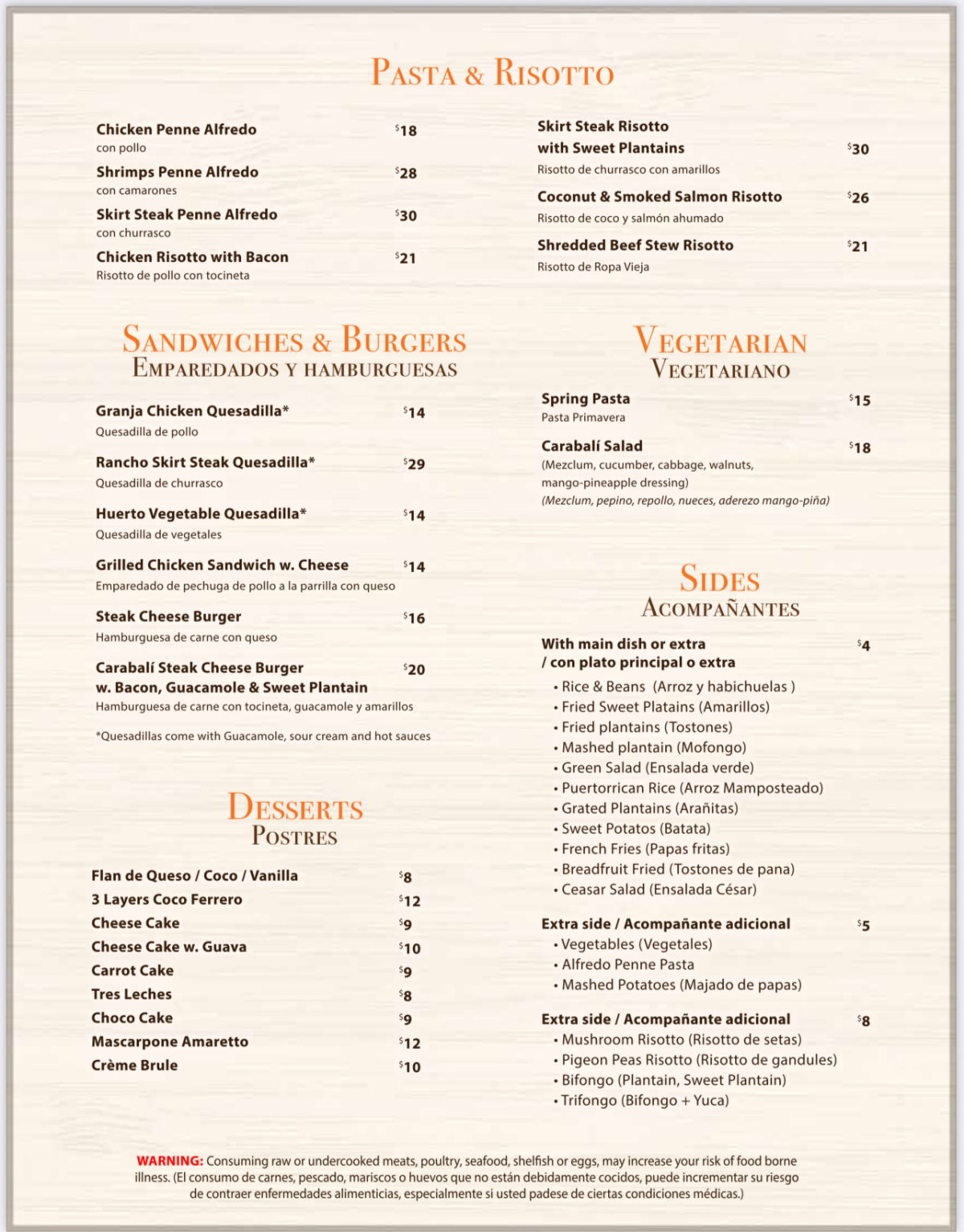 Restaurant menu with sections for pasta, risotto, sandwiches, burgers, vegetarian, sides, and desserts.